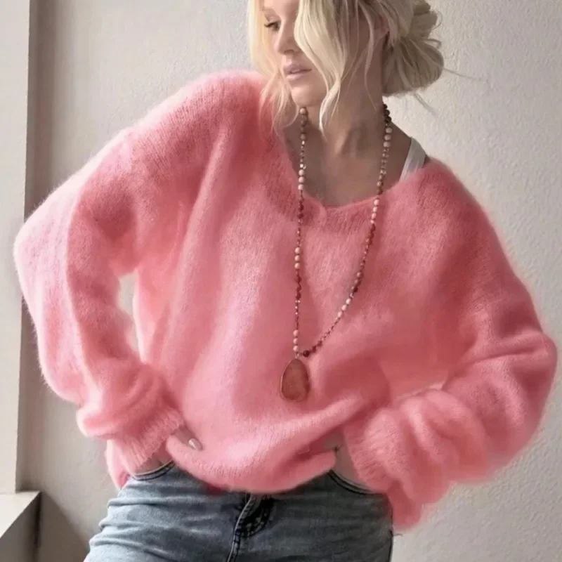 New Elegant and Fashionable 2025 Autumn and Winter Women's Long-sleeved V-neck Sweater Loose Casual Solid Color Knitted Top