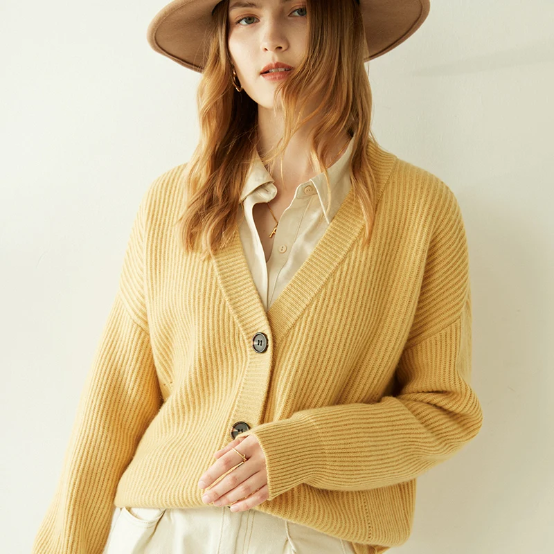 

100 Pure Cashmere Knitted Cardigan Women Loose Thick Spring and Autumn New Knitted Solid Color V-neck Sweater Coat