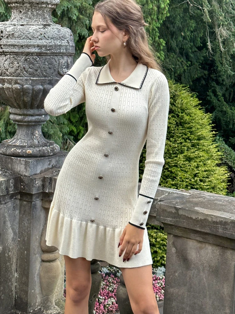 JULISSA MO Knitted Turn-down Collar Women Dress White Long Sleeve Single Breasted Dress Female Autumn Skinny Elegant Streetwear