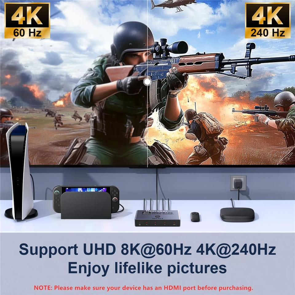 8K HDMI 2.1 Switch Splitter 4K 240Hz 3 Inputs 1 Output 3 port HDMI Switcher with