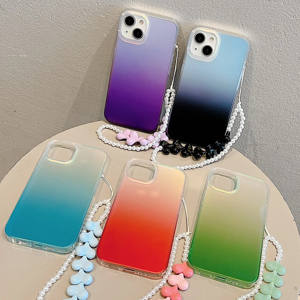 

Gradient Laser Solid Color Hang Chain Lanyard Cases For iPhone 15 Pro Max Case iPhone 14 13 12 11 Pro Max Shockproof Soft Covers