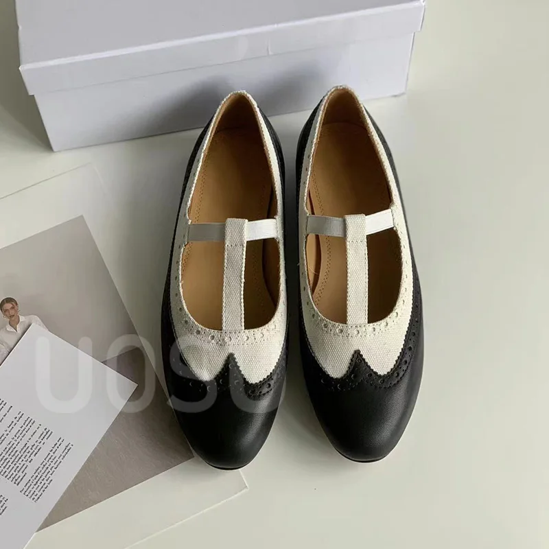 Luxury Women's Flats Designer Mary Jane Ladies Shoes Calfskin Colorblocking Round Toe Commuter Shoes Corporate White Collar