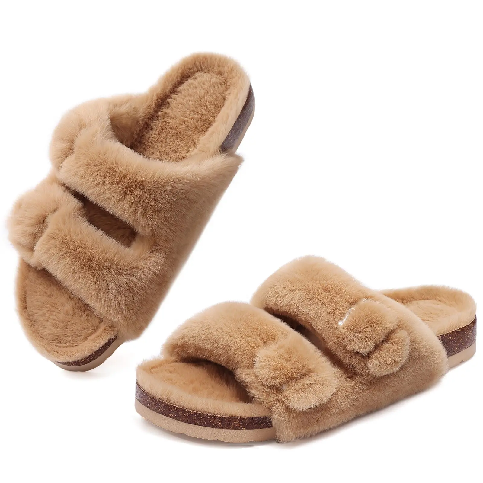 Shevalues Fuzzy Slippers Women Cork Footbed Fluffy Slide Sandals