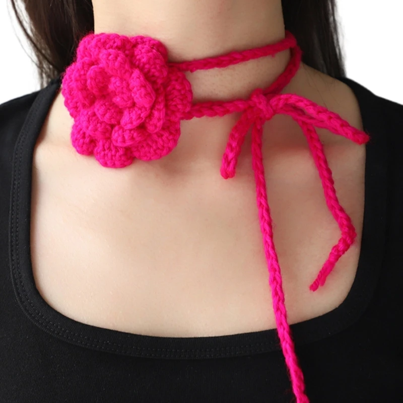 634C Trendy Adjustable Rope Choker Necklace Knitted Rose Flower Charm Clavicle Chain Fashionable Y2K Neckwear Neck Jewellery