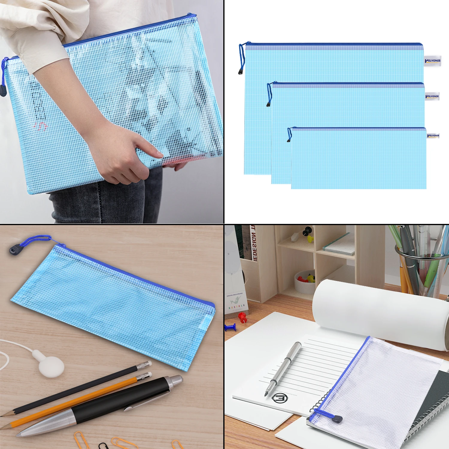 12pcs 메쉬 지퍼 파우치 문서 가방 방수 지퍼 파일 폴더 A4 학교 사무용품 연필 케이스 보관 가방