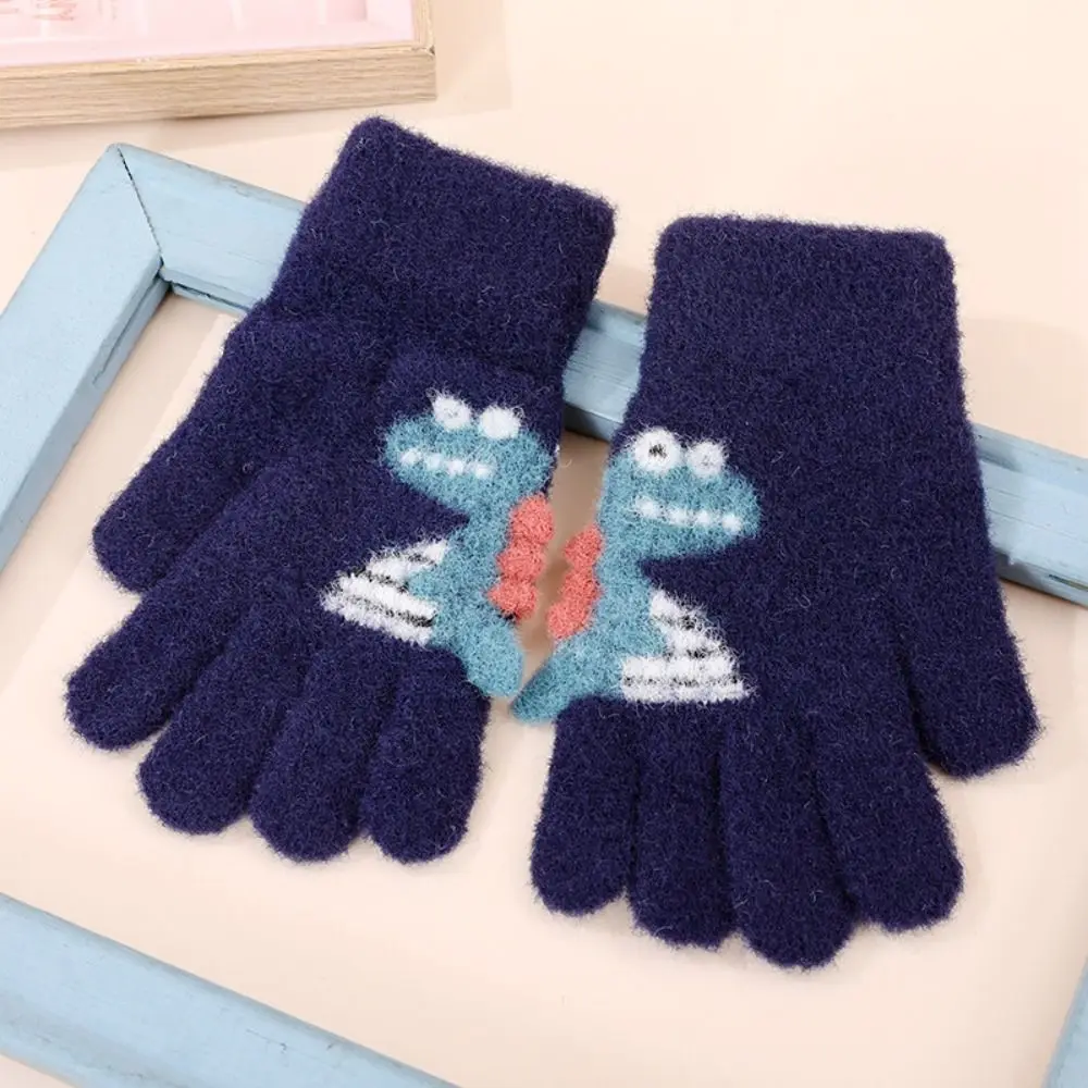 Children Knitted Gloves 4-9 Years Boy Girl Kids Winter Hand Warmer Thicken Woolen Five Finger Gloves Baby Mittens Cute Dinosaur