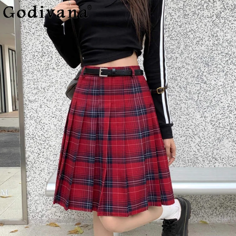865281-b32920.jpg Large Size L-4XL Retro Red Plaid Fashion Versatile Pleated Skirt Girl Spring Summer College Jk High Waist A-line Long Skirts - Image 1