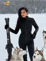 Chic Black Stand Collar Skiwear Women Cause Full Sleeve Waist Cinching High Waist Slim Jumpsuit 2026 Lady Winter Warm Outfit New