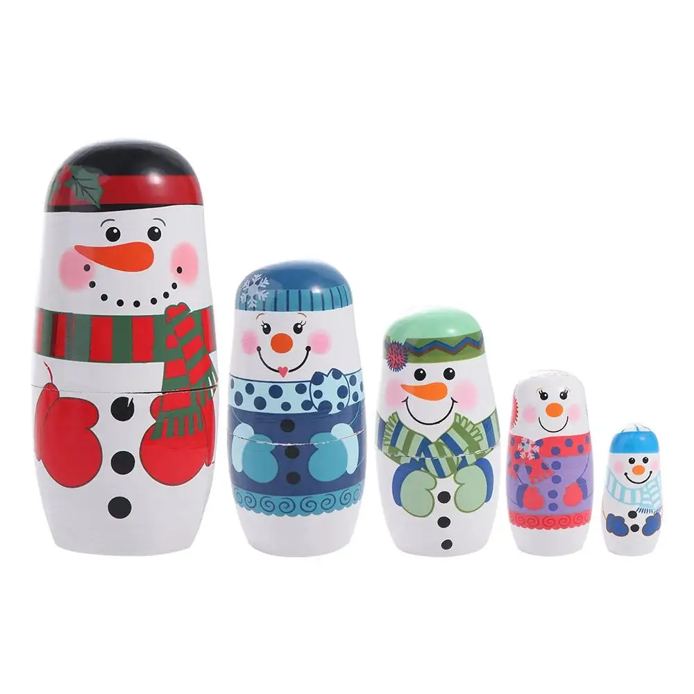 Cute 5Pcs/Set Xmas Matryoshka Doll Wood craft Snowman Russian Doll Smooth Safe Christmas Nesting Dolls Xmas