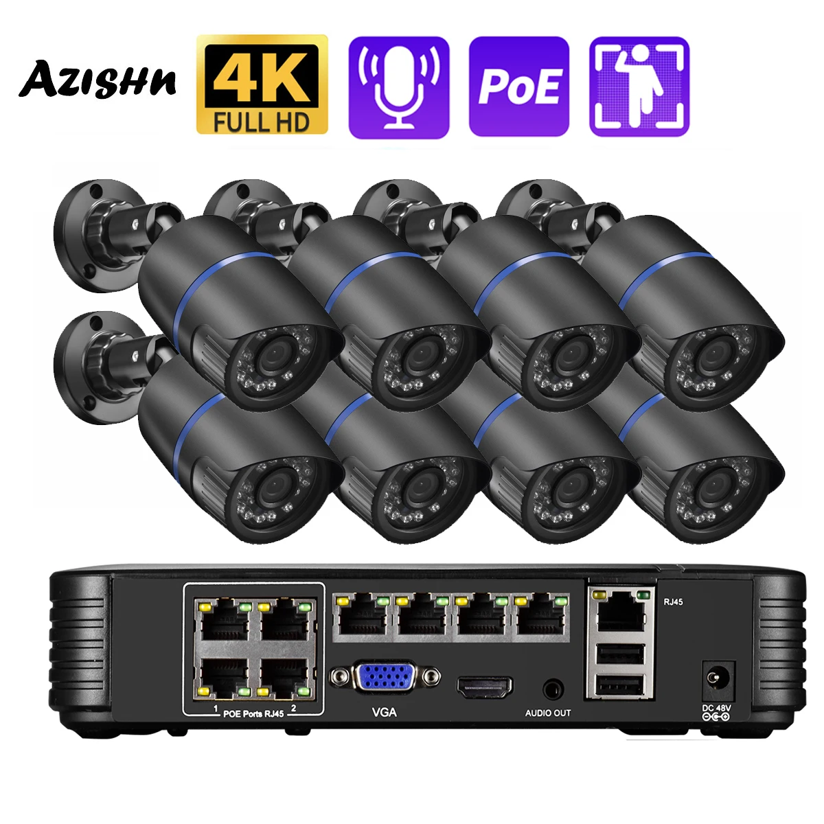 Ultra HD 8MP 4K Security Camera System H.265 POE NVR Kit Human Detection CCTV Outdoor Black Bullet Video Surveillance Camera Set