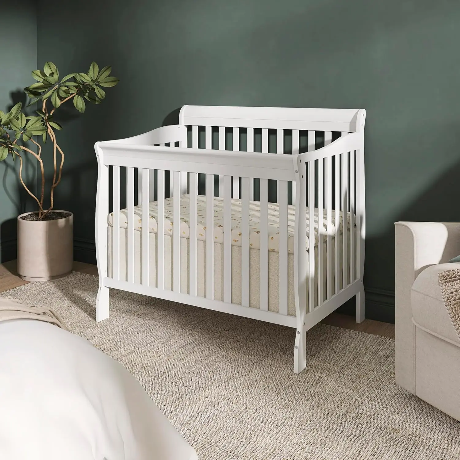 Aden 4-in-1 Convertible Mini Baby Crib in White, GreenGuard Gold & JPMA, Sustainable Pinewood, Non-Toxic Finish, 3 Mattress