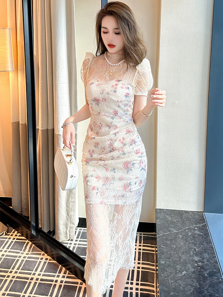 

Fashion Summer Long Evening Dress Women Ladies Clothing Elegant Sheer Sexy Puff Sleeve Slim Midi Gown Mujer Robe Vestidos Fiesta