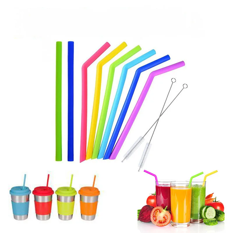 Set of 6 reusable silicon drinking straws - large, flexible, smoothie size