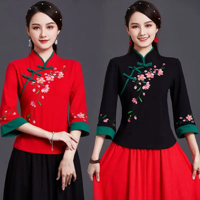 Traditional Embroidery Chinese Clothing For Women Tang Chinese Style Shirt Female Short Sleeve Summer Cheongsam Top Hanfu