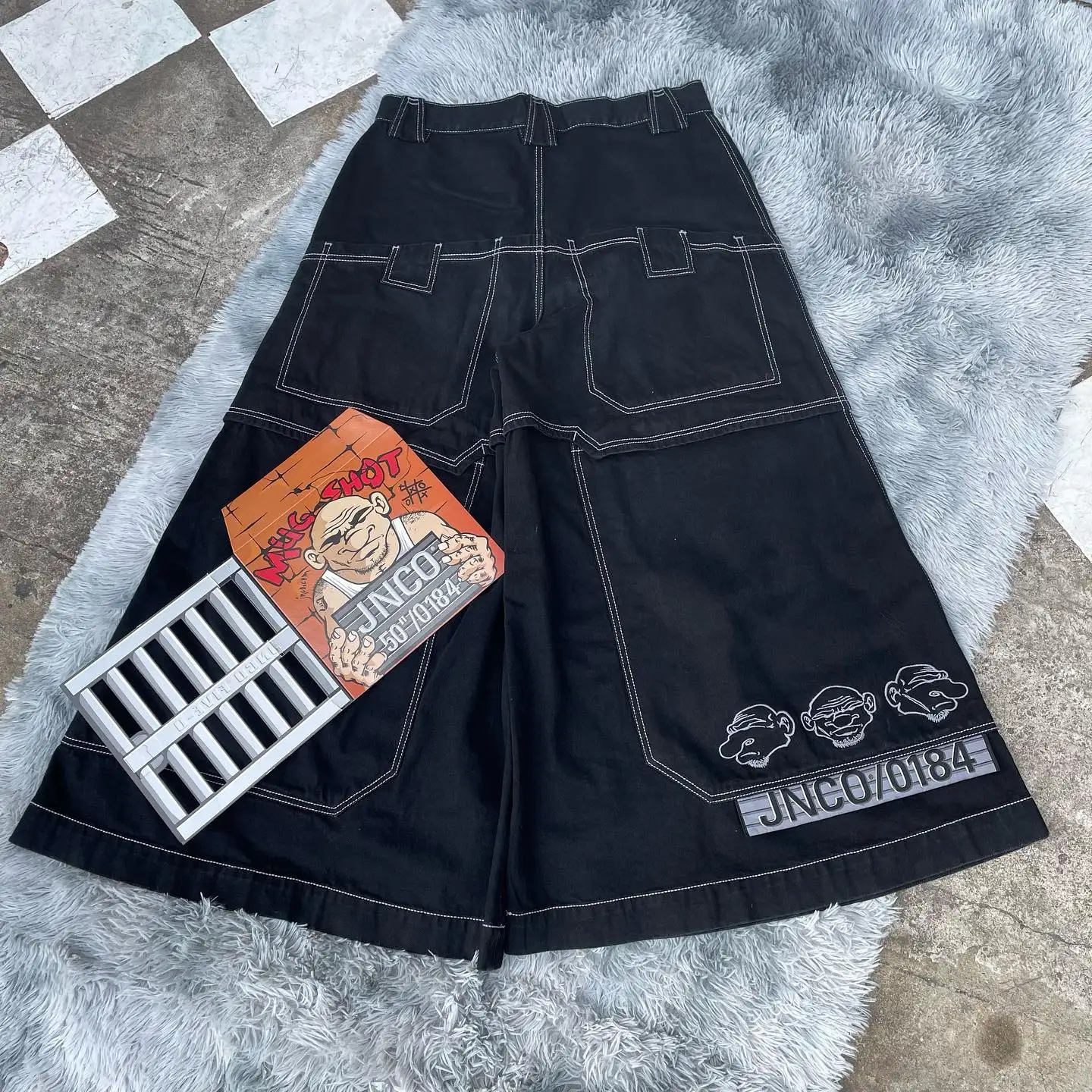 JNCO 헐렁한 와이드 레그 청바지 바지, Y2K 힙합 포켓 청바지, 블랙 바지, 남성 여성 하라주쿠 고딕 하이 웨이스트 바지