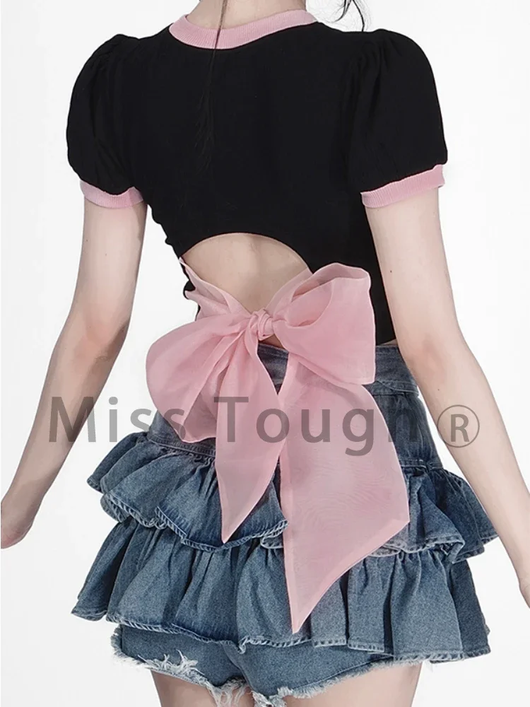 

Summer Korean Style Two-piece Set Women Bow Black Crop Tops + Denim Skirt Shorts Japanese Casual Elegant Vintage Skirt Suit 2022