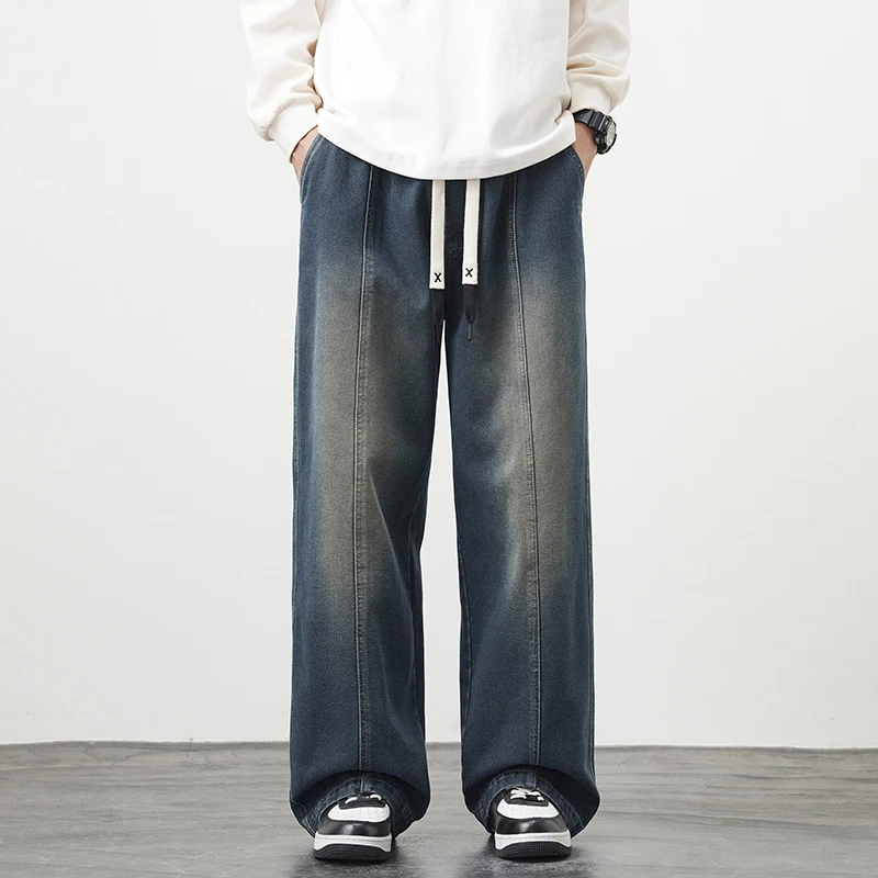 Plus Size M-8XL Men Baggy Jeans Elastic Waist Streetwear Y2K Trousers Straight Leisure Wide Denim Pants Denim Trousers