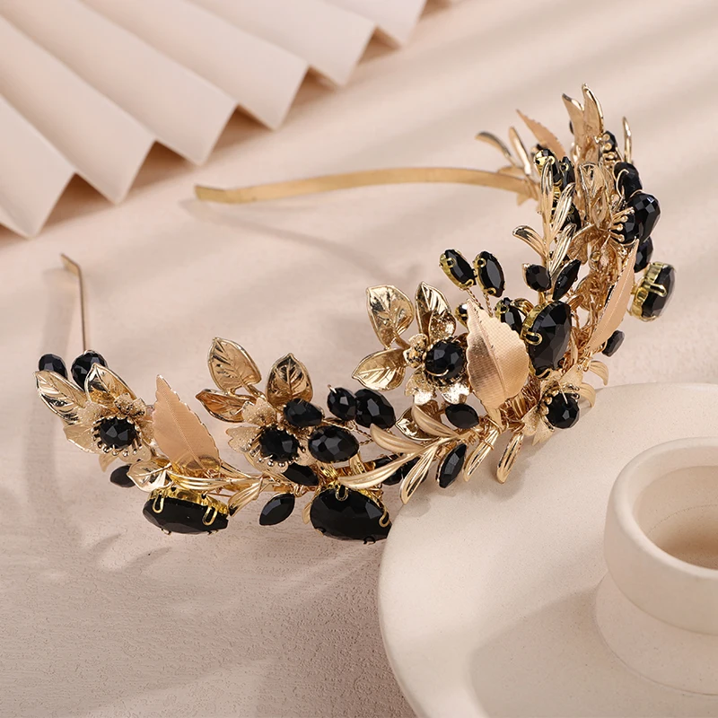 Luxury Flower and Leaf Bridal Rhinestone Headband Crown Gold Black Diamonds for Women Tiara Handmade Wedding Hair Accessories
