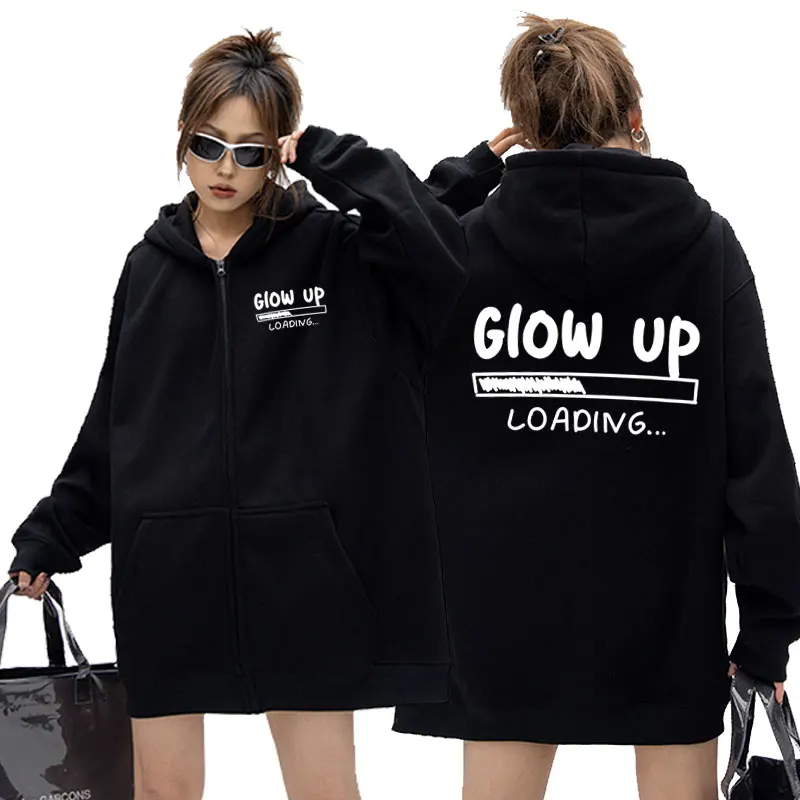 Glow Up Loading Zipper Hoodie Men Funny Fitness Workout Hoodies Male Weight Lifing Inspirational Gym Pump Cover Zip Up Jacket