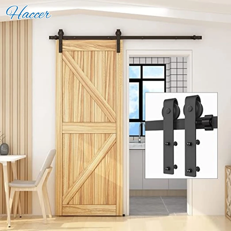 4-9.6FT Sliding Barn Door Hardware Track Kit Wood Door Hardware Black J-Shaped Top Mounted Hangers System gifsin 10 16ft antique style wood sliding barn door hardware kit black top mounted closet hardware for single door