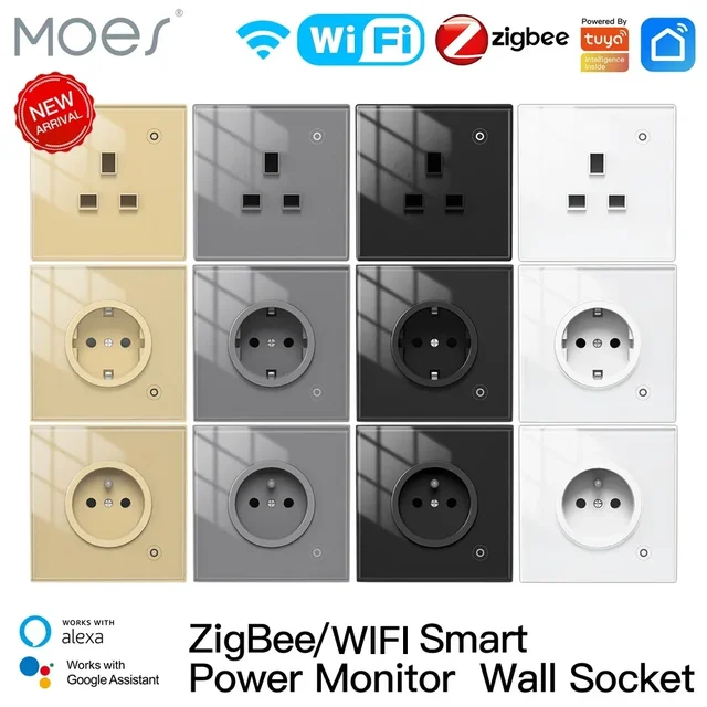 Moes ZigBee Wall Socket WIFI Smart Glass Panel Outlet Power Monitor tuya Wireless Control Timer Alexa Google Home voice UK EU FR