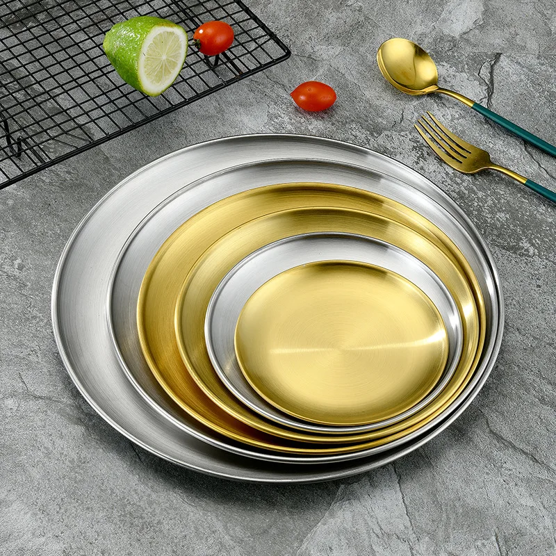 14/17/20/23/26/30cm Stainless Steel Round Plate Korean Golden Single-layer Plate Western Food Dessert Cake Fruit Flat Bottom