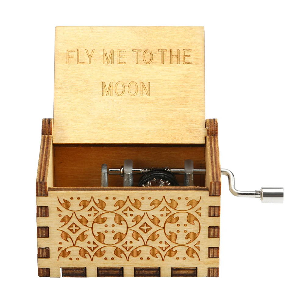 Vintage Retro Wood Music Box Fly Me to the Moon Hand Cranked Musical Case Home Antique Ornament Gifts