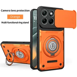 360° Ring Kickstand Phone Case with Slide Camera Cover for Motorola Moto E15 (Orange)