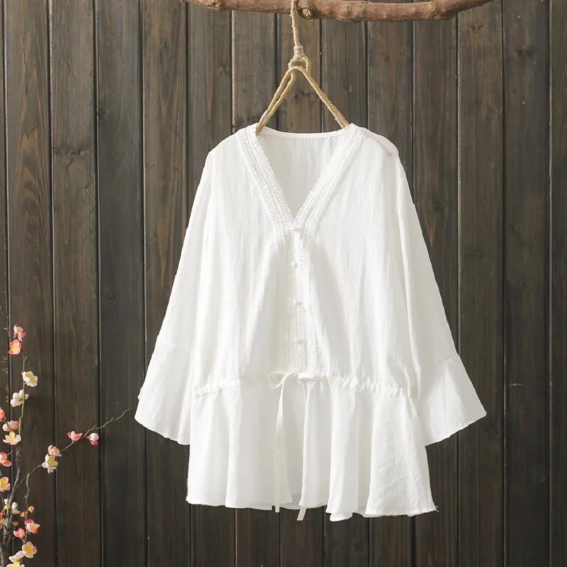 

Cotton White Chiffon Women Blouse Summer New Design 2022 Sweet Style Bow Neck Flare Sleeved Loose Elegant Female Pulls Tops