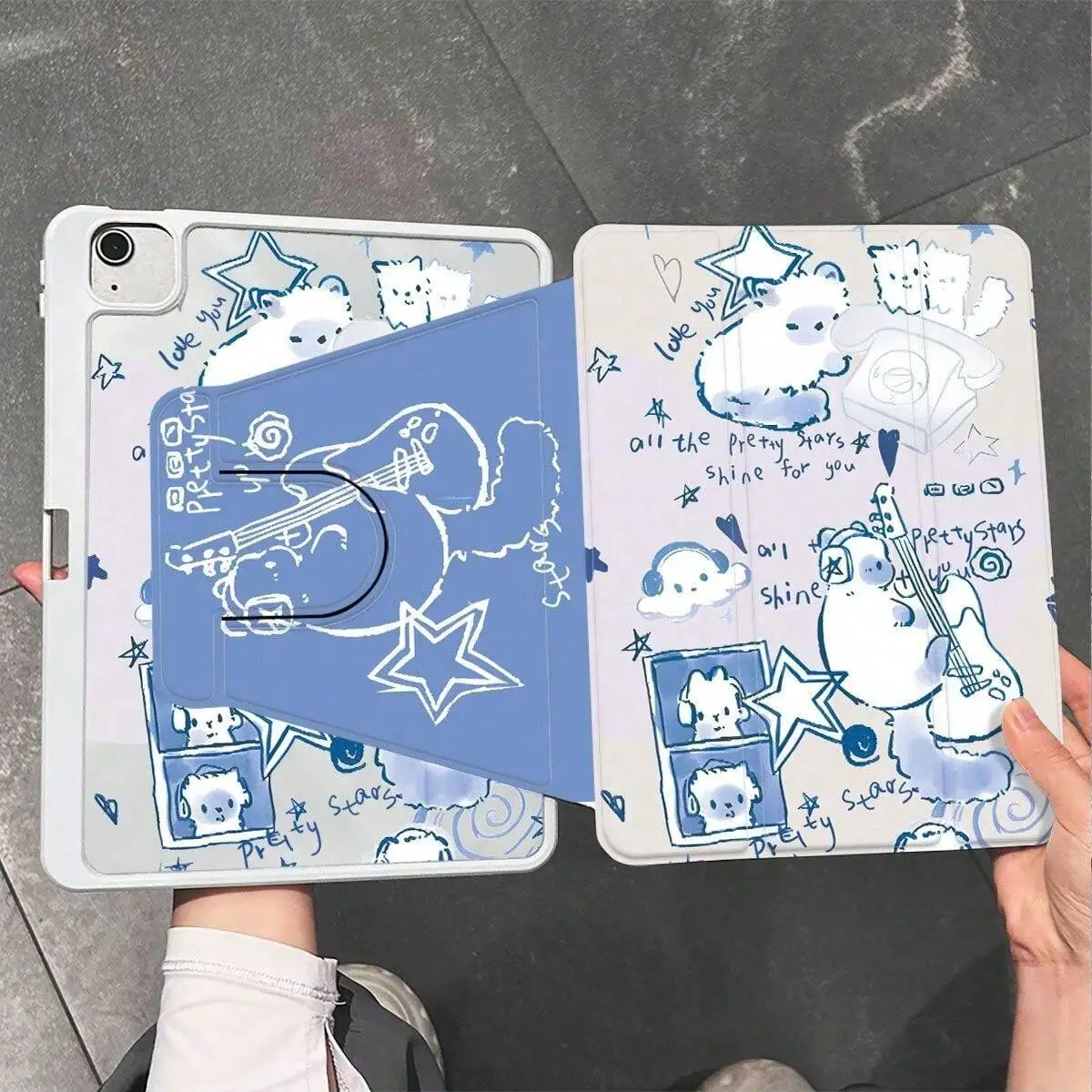 Blue and White DJ Cat Rotating Stand Tablet Cover