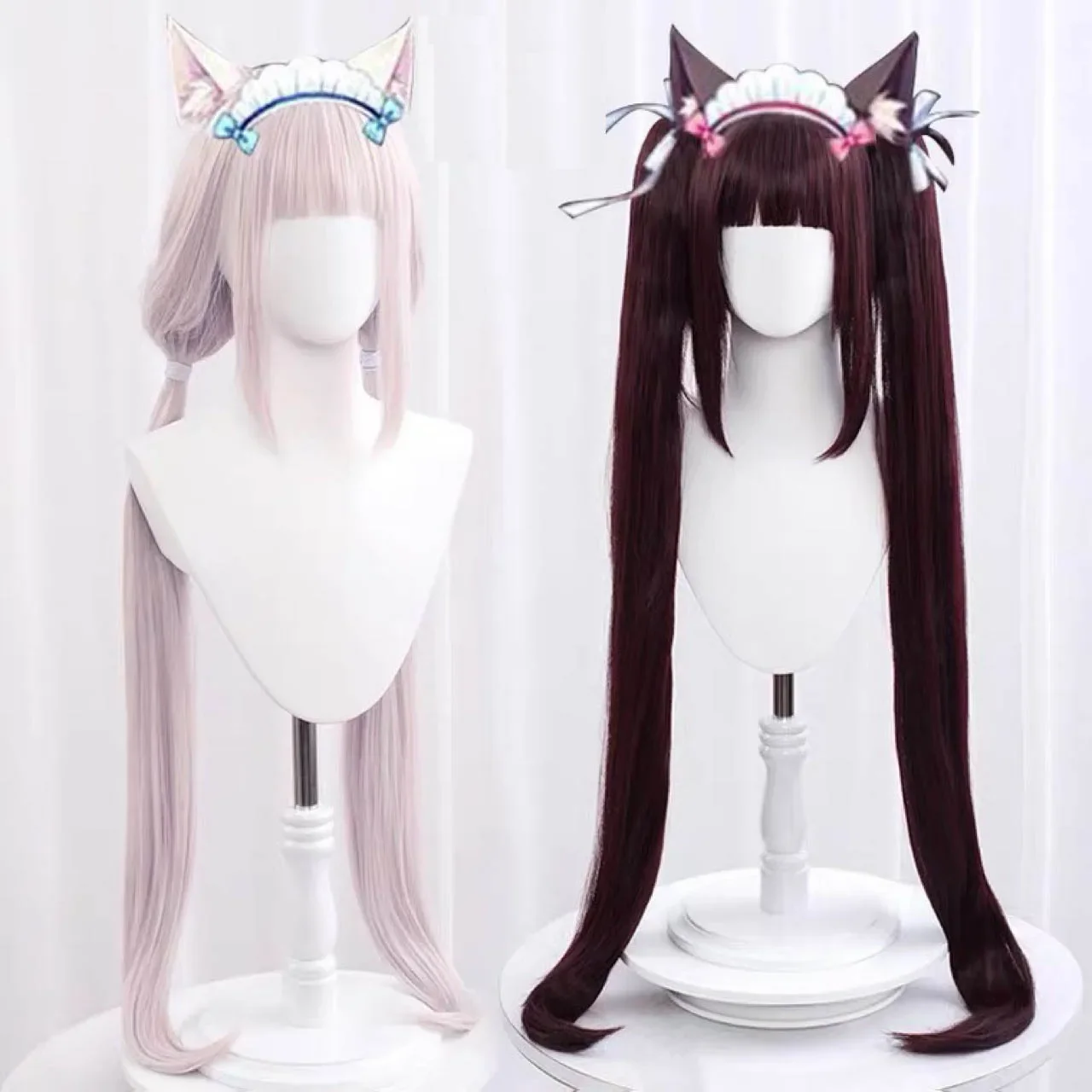 

Anime 100cm NEKOPARA Chocolat Chocola Long Ponytails Brown Vanilla Kawaii Pink Heat Resistant Hair Cosplay Wig