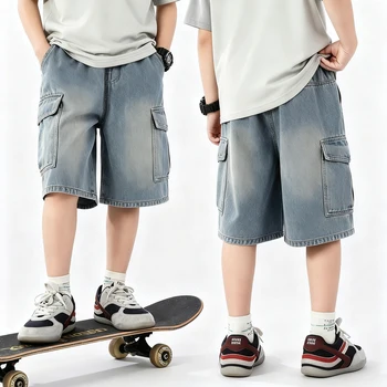 2026 New Teen Boys Short Jeans Summer Children Solid Color Big Pocket Wide Leg Denim Shorts Kids Clothes Loose Knee Length Pants
