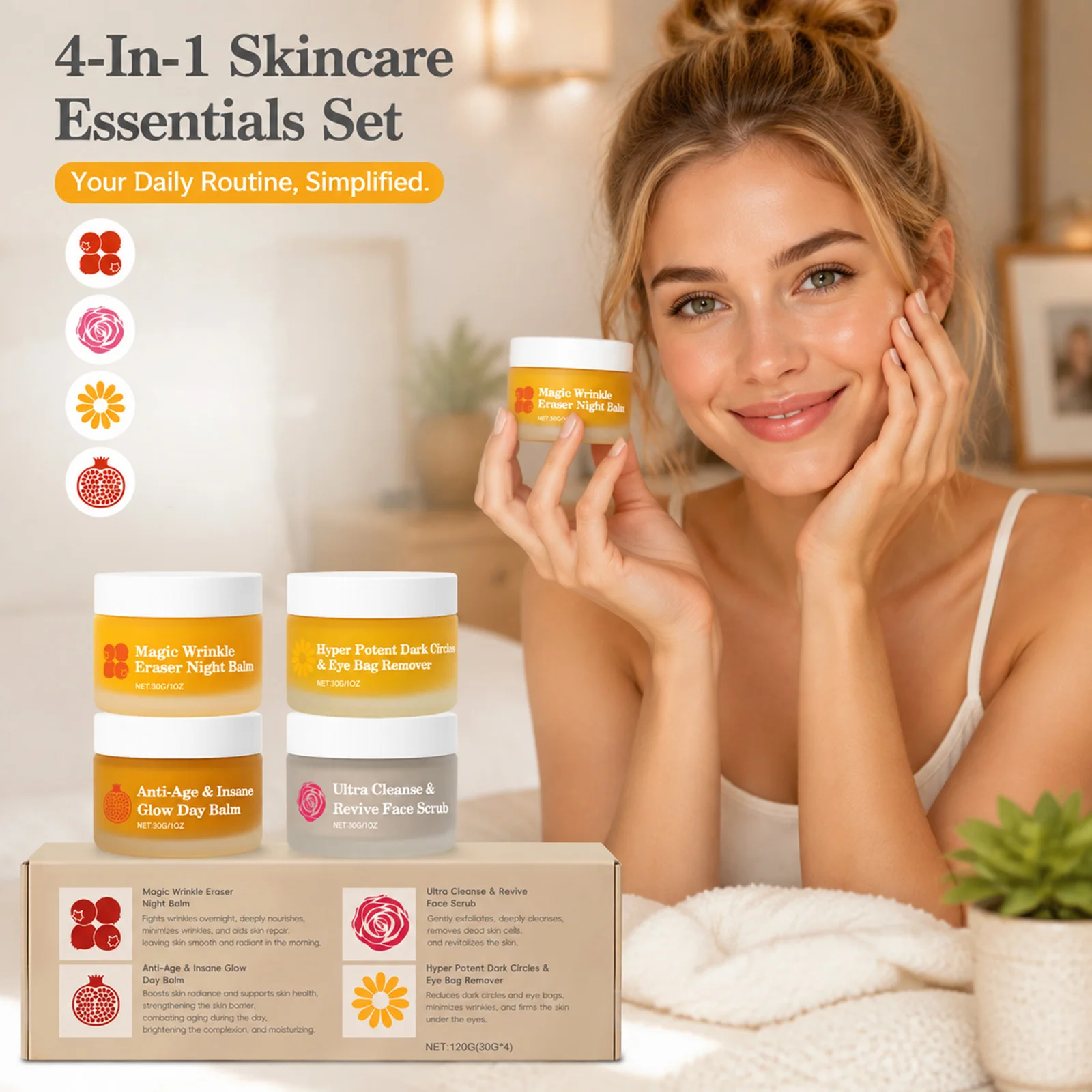 Revitalizing 4-in-1 Facial Care Set: Day & Night Balms, Eye Cream, Face Scrub - Perfect for Dull, Rough Skin and Travel