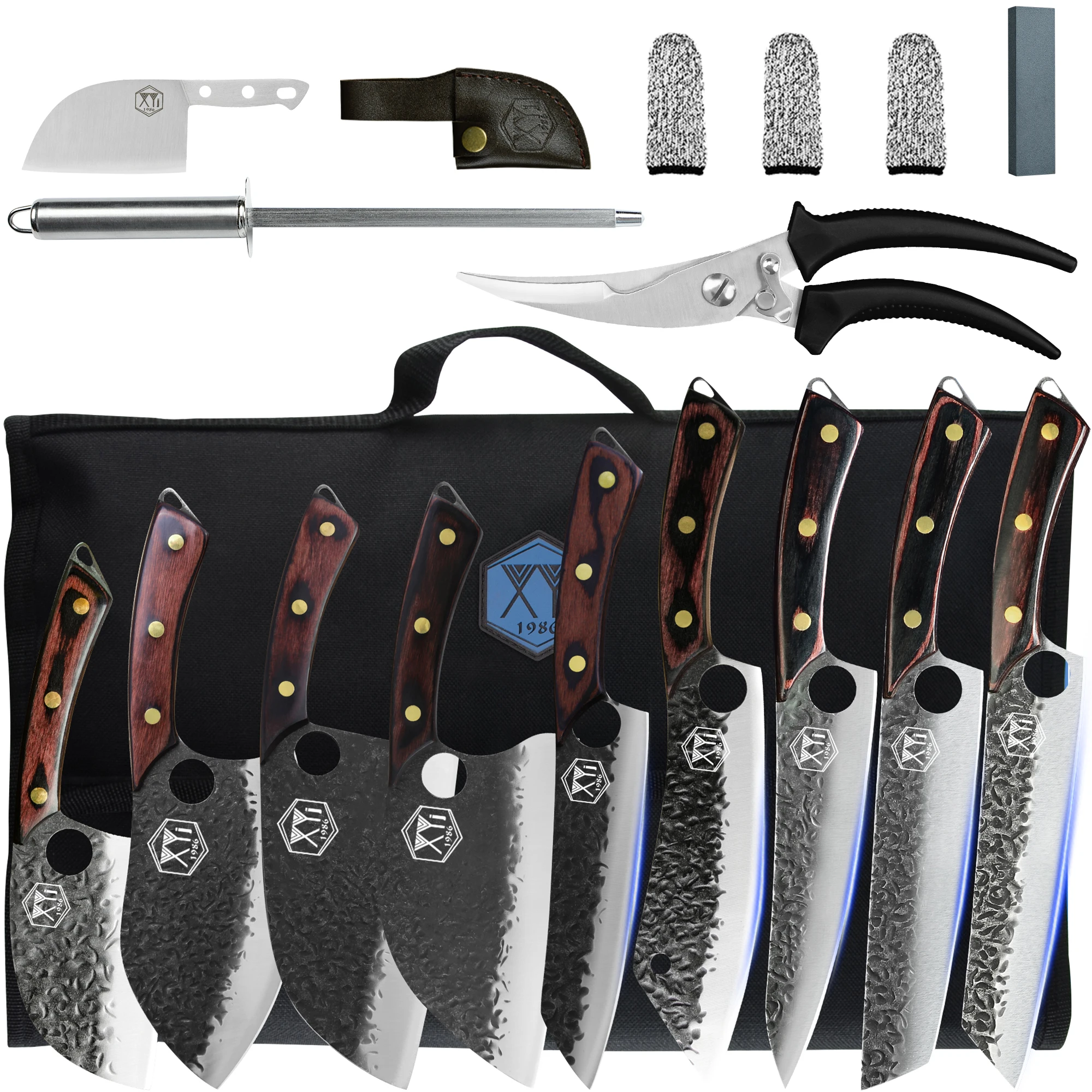 XYj 9pcs Camping Knife Set Full Tang Hammered Finger Hole Blade Ultra Sharp  Cooking Knives With Bag Honing Steel Scissors