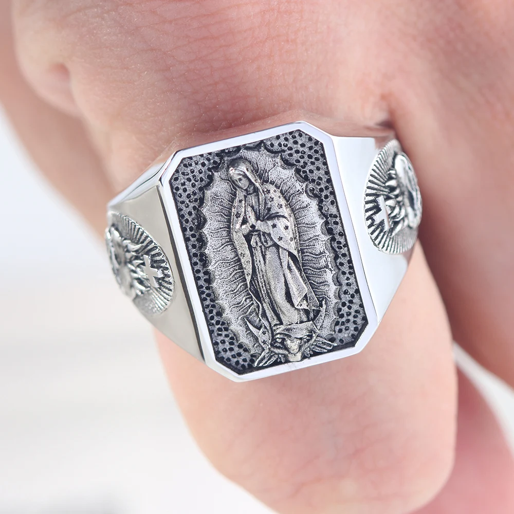 The Heart of Our Lady Virgin Mary Sacred Heart Of Jesus Pray And Faith Sterling Silver Ring 5