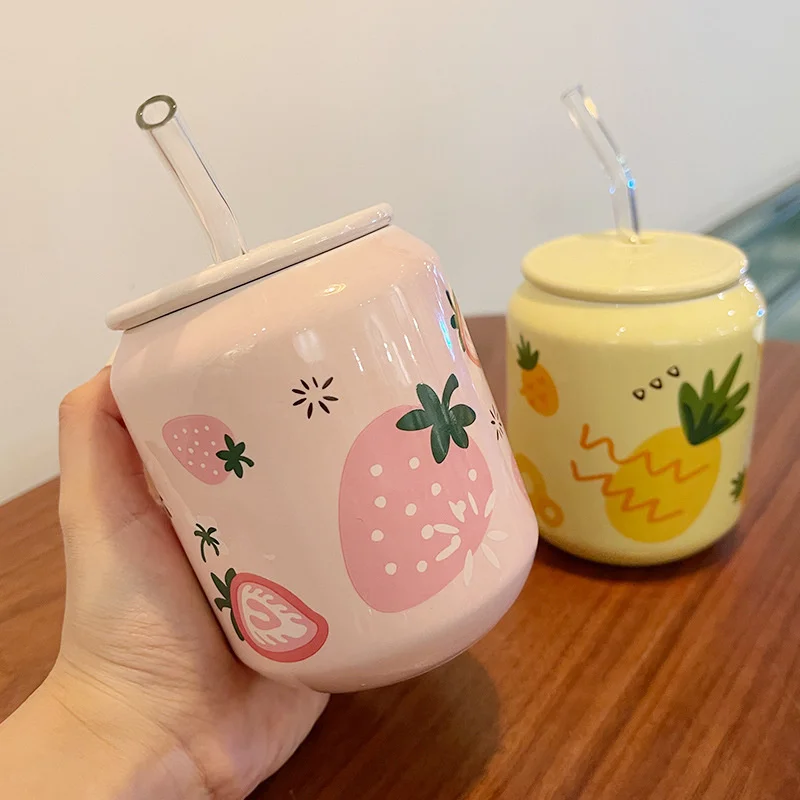 Creative Cute Fruit Ceramic Mug With Straw Ins Style Strawberry