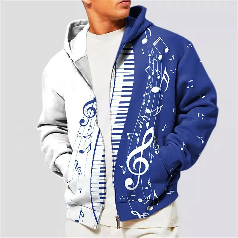 

Music Notes Mens Graphic Hoodie Full Zip Jacket Black Red Blue Purple Green Hooded Color Block Prints Musical Zipper Sports & Ou