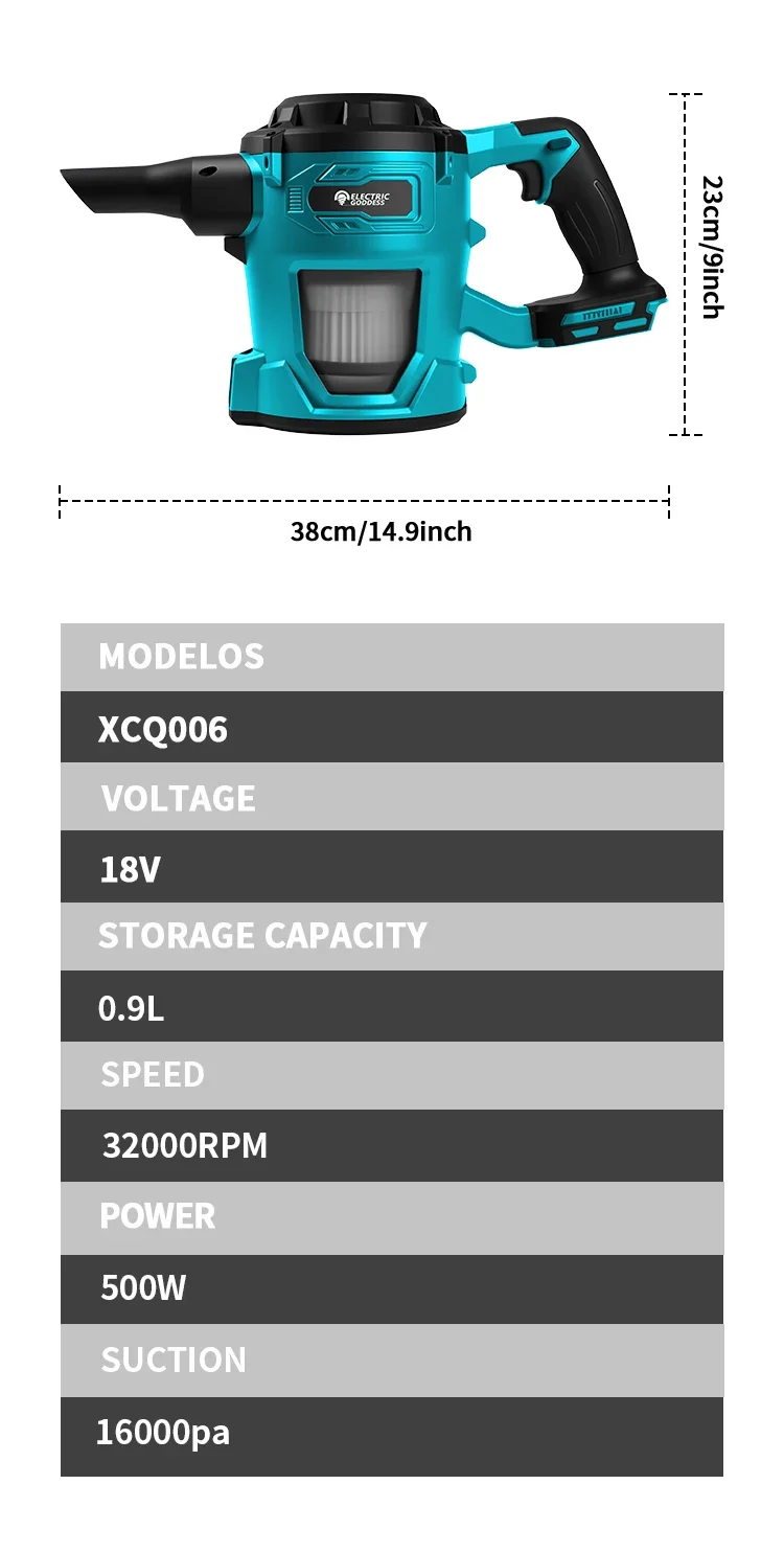Portable home vacuum cleaner demonstrating 16000PA suction efficiency.