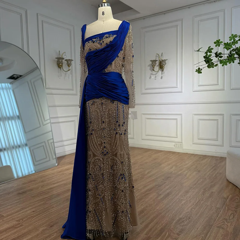 Luxury Royal Blue Mermaid Evening Dress Velvet Beaded Formal