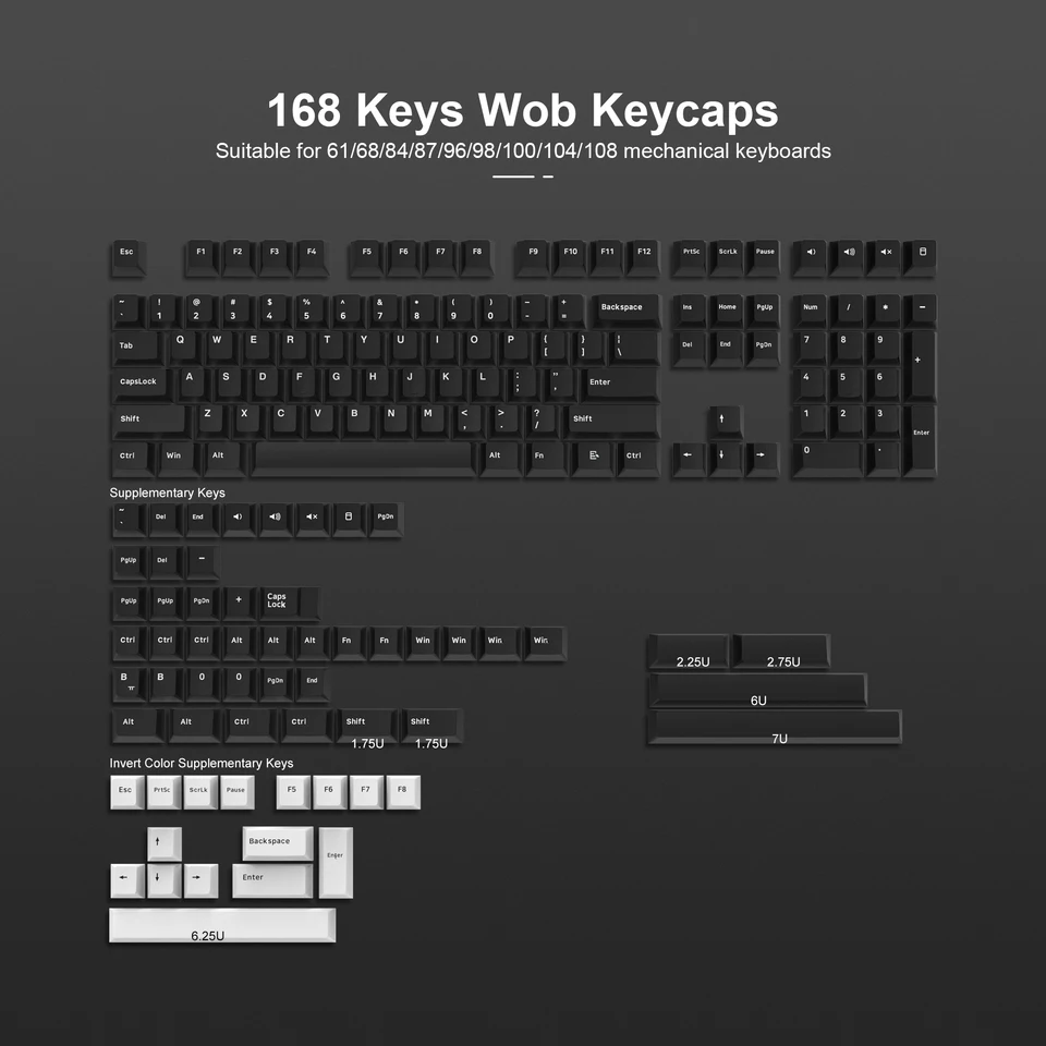 168 Keys WOB Black PBT Keycaps Cherry Profile Double Shot for
