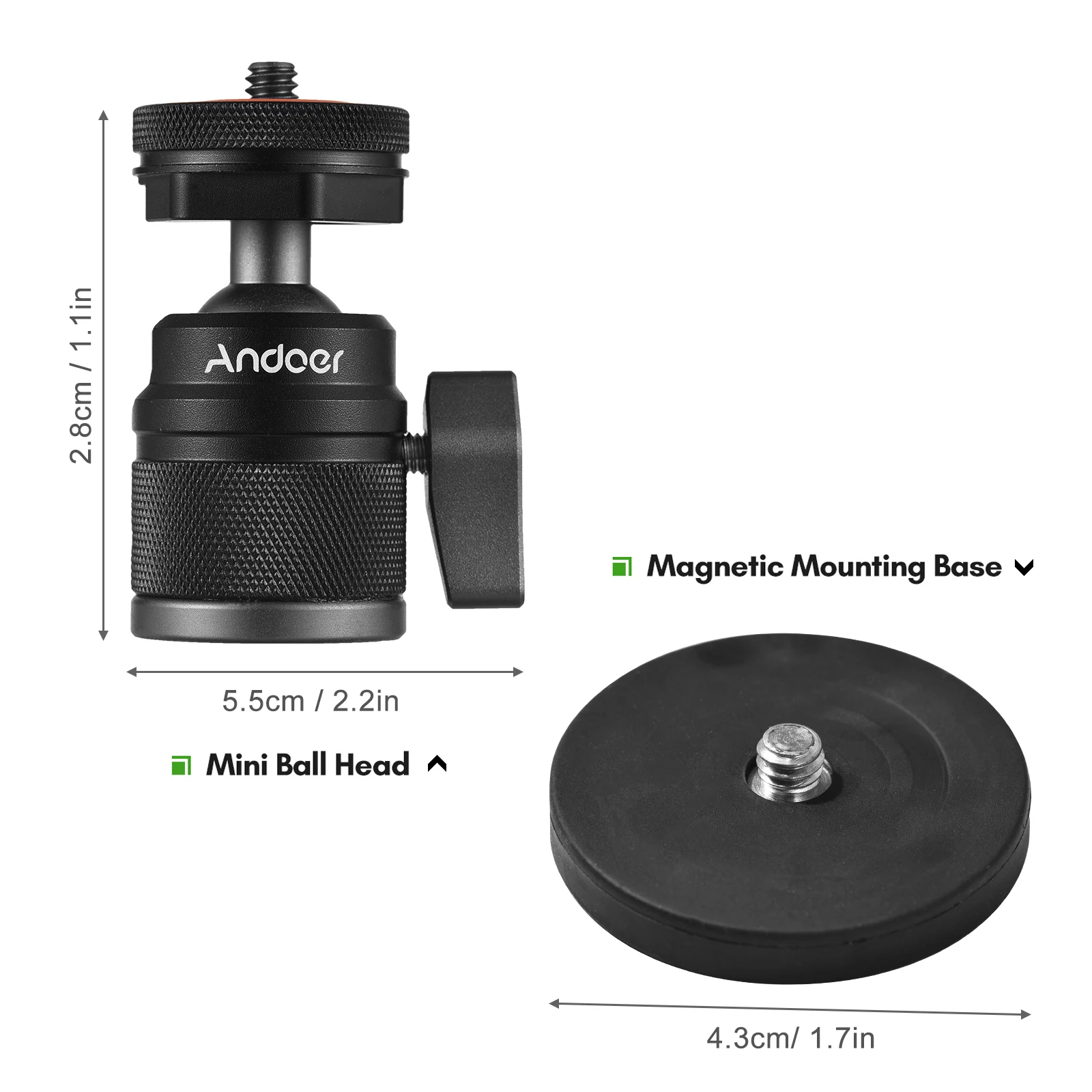 Tripod ball head ball head dual use adapter 1/4 inch screw 360&deg; rotatable with small magnetic base for sports cameras