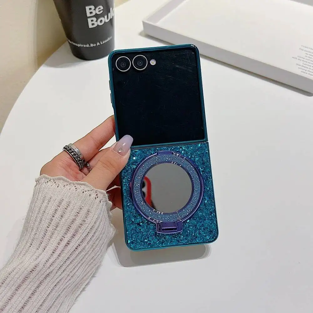 Luxury Glitter Magnetic Bracket Case with Mirror Holder and Shiny Diamonds Cover