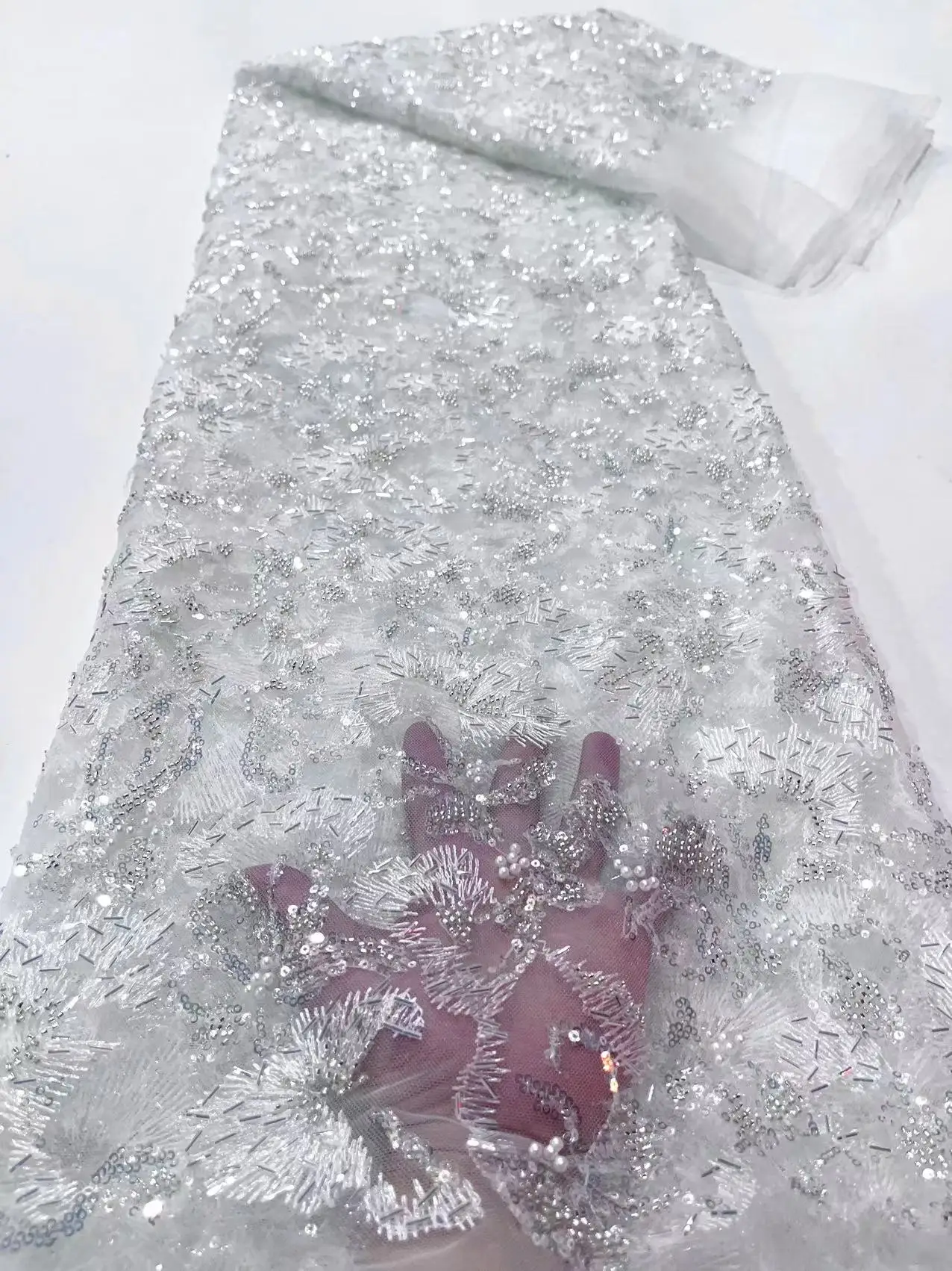 

New Arrival Beaded French Net Lace fabric peach African Tulle Lace Fabrics With Sequins Embroidery For Party Dress FJ60YY