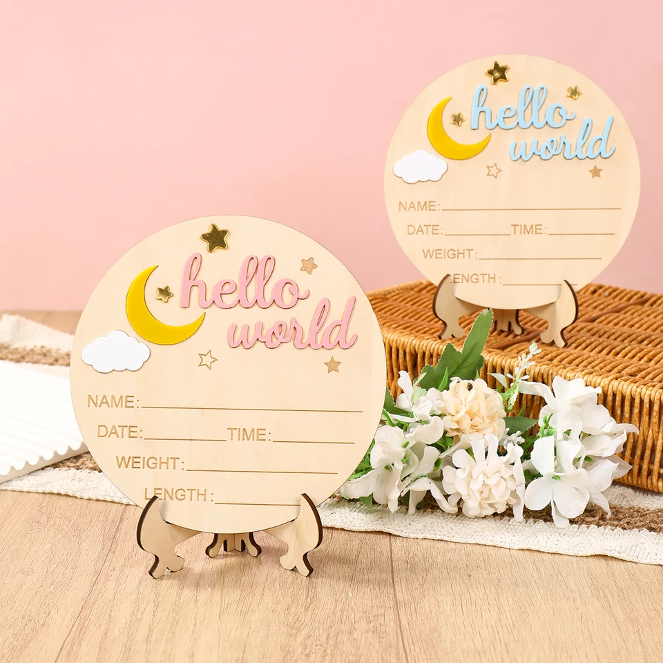 Y7CYCSMP Cartello In Legno 'Hello World' Per Annuncio Nascita - 15 Cm - Targa Rotonda Per Baby Shower E Foto In Ospedale - 3