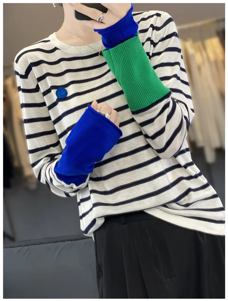 WinvyNee Women's Wool O Neck Long Sleeve Sweaters Striped Color Block Cuff Loose Fashion Spring Basic Knitted Top ZA1047014
