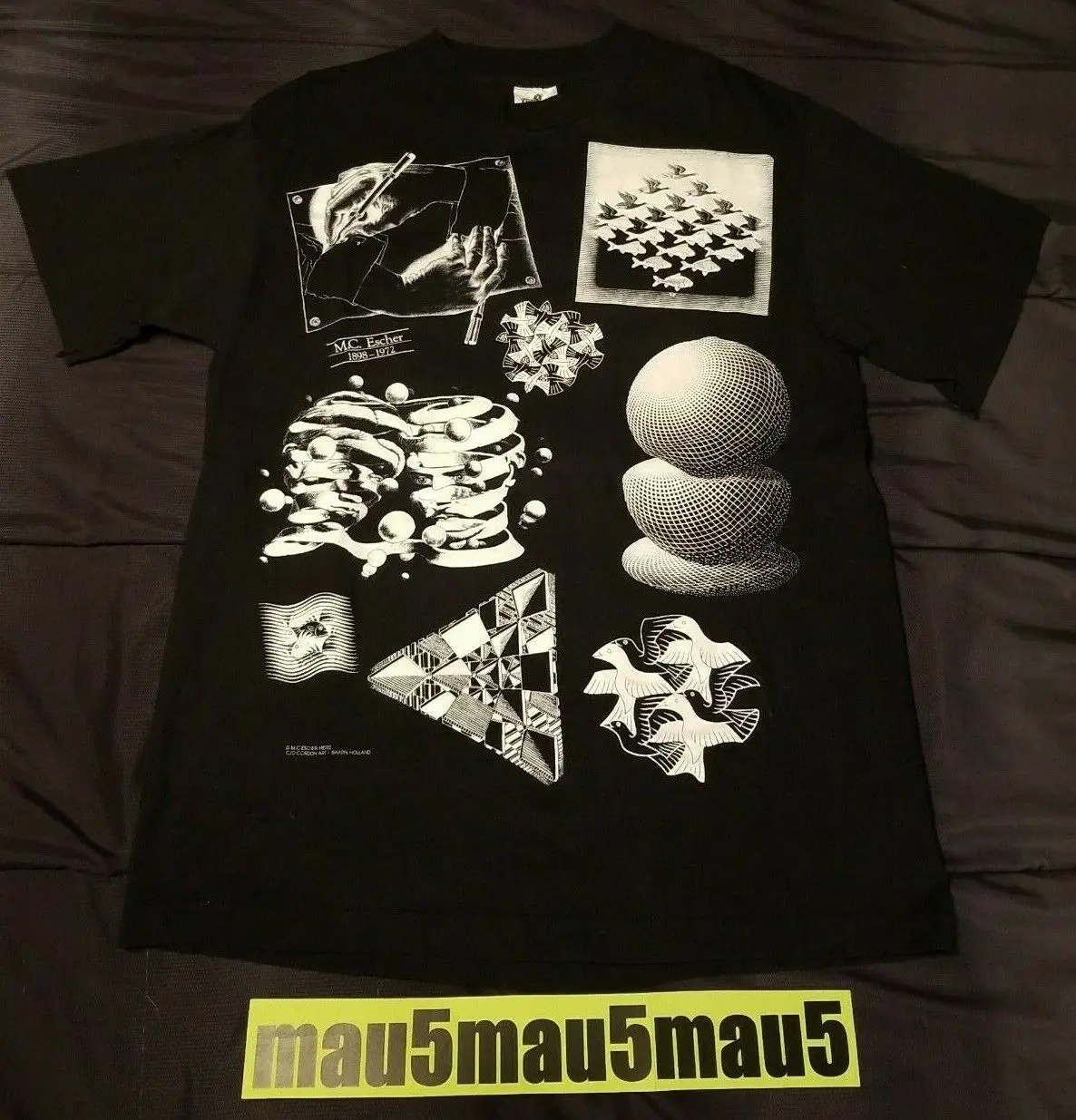 Vintage Mc Escher Andazzia All Over Print Art T-Shirt Uomo Large L 1990S Glow Itd