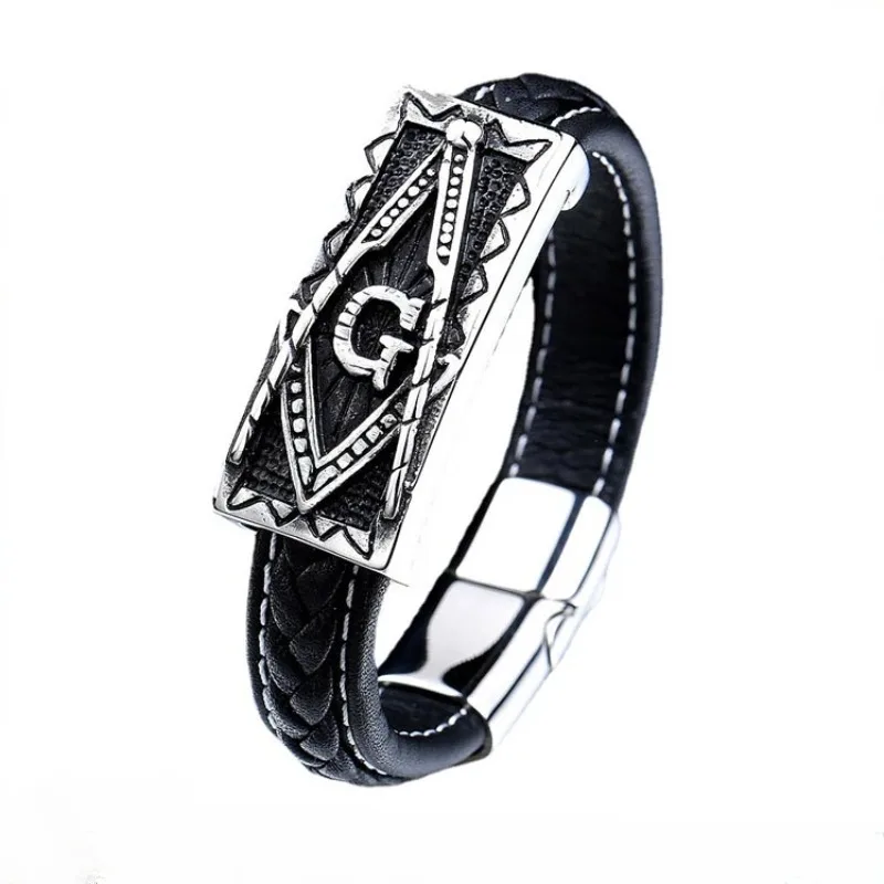 

CHUANGCHENG Vintage Masonic Stainless Steel Freemason Genuine Leather Men's Bracelet Cuff Jewelry Accessories