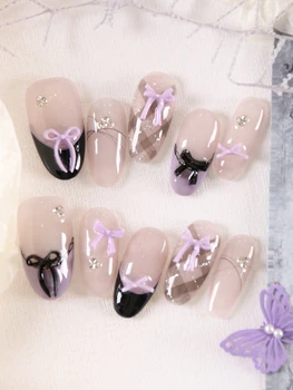 10Pcs Press on Nails Short French Style Purple Cat's Eye Black Bow Fake Nails Includes 1 Sheet of Adhesive Tabs & 1 Pc Mini File 1