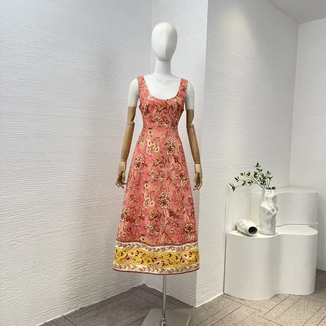 

Женское льняное платье-миди с открытой спиной и цветочным принтом