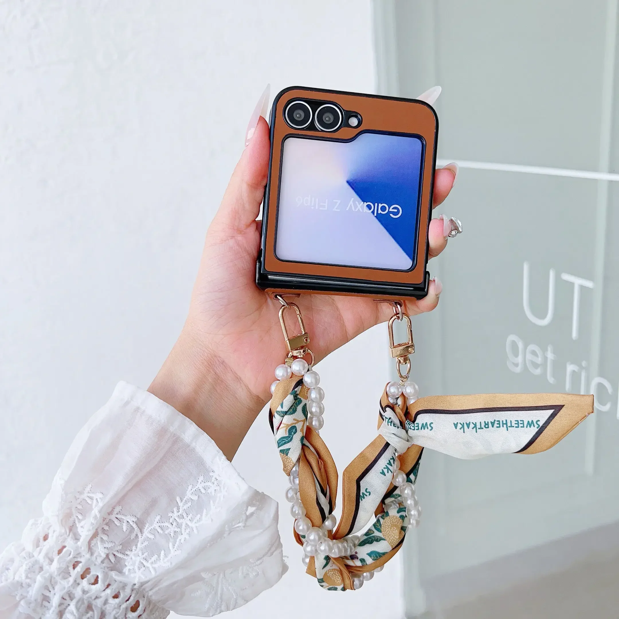 Elegant PU Leather Phone Case with Hinge Protection & Pearl Scarf Wrist Chain Strap Bracelet